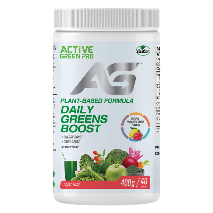 Tub of Active Green Pro Daily Greens Boost Raspberry Lemon 400g