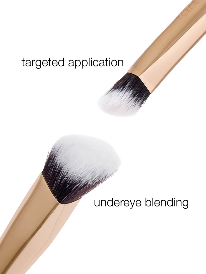 Makeup brushes with black bristles on a white background, labeled for targeted application and undereye blending.