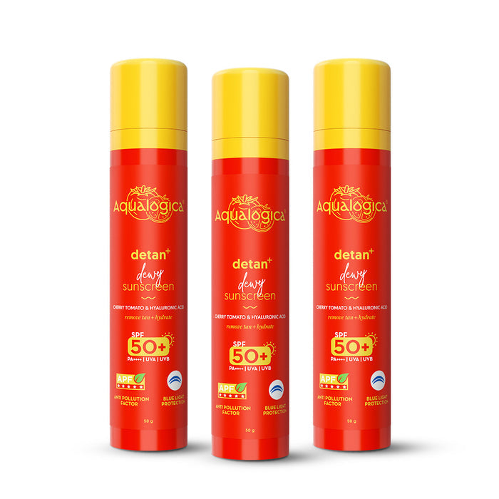 Detan+ Dewy Gel Sunscreen SPF 50+ PA++++ with 2% Kojic-Hyaluron Complex™ & Wild Berries - 50 g(Pack of 3)