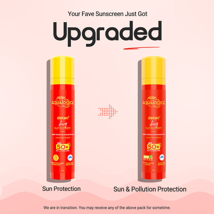 Two bottles of detan sunscreen with text about an upgrade on a pink background