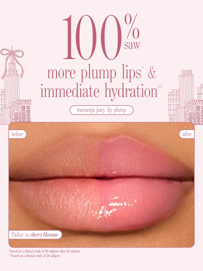 tarte cosmetics maracuja juicy lip trio maracuja juicy lip plump, 100% saw more plump lips & immediate hydration