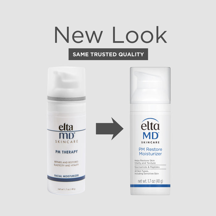 EltaMD PM Restore Moisturizer bottle with new look packaging and same trusted quality