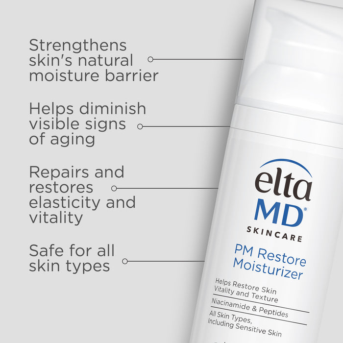 EltaMD PM Restore Moisturizer bottle with claims about barrier repair, hydration, and anti-aging