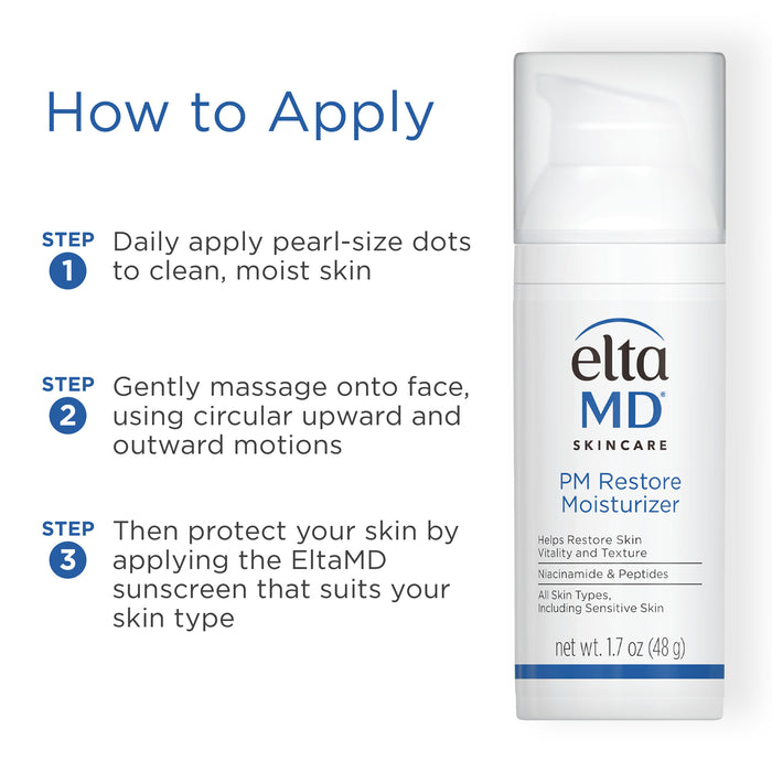 EltaMD PM Restore Moisturizer application guide with bottle and three-step instructions