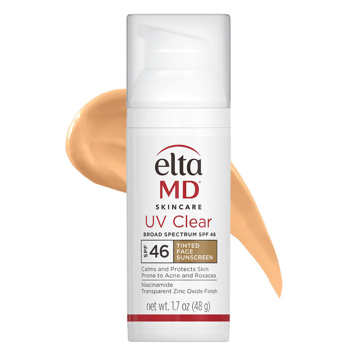 EltaMD UV Clear Tinted Broad-Spectrum SPF 46 sunscreen bottle with tan tint swatch