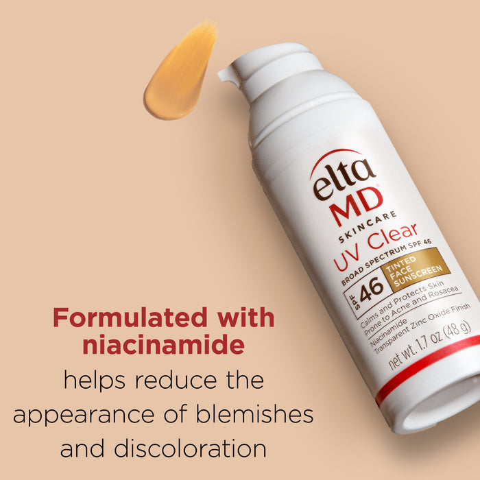 EltaMD UV Clear Tinted SPF 46 bottle with niacinamide on beige background
