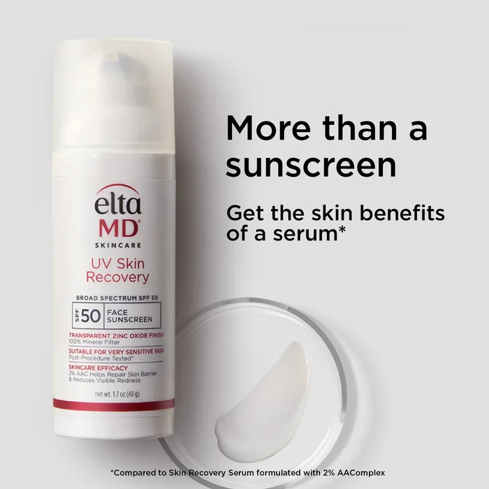 EltaMD UV Skin Recovery Broad Spectrum SPF 50 face sunscreen bottle with serum swatch