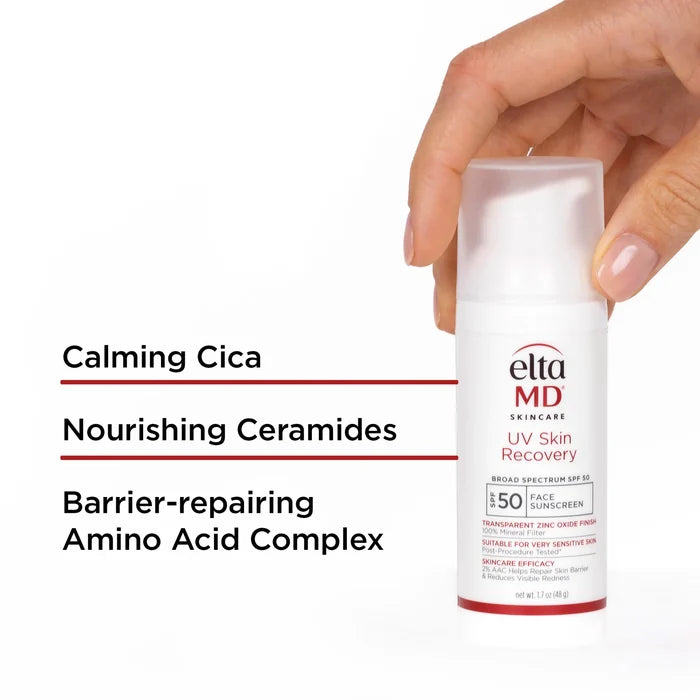 EltaMD UV Skin Recovery mineral face sunscreen SPF 50 bottle with calming cica and ceramides