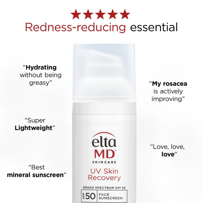 EltaMD UV Skin Recovery Broad Spectrum SPF 50 face sunscreen bottle with redness-reducing claims