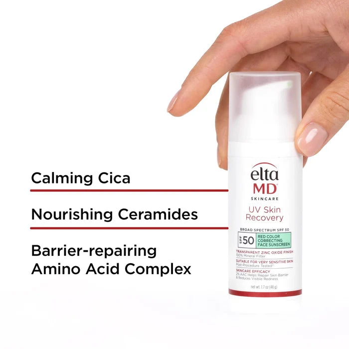 EltaMD UV Skin Recovery red color correcting green tint face sunscreen SPF 50 bottle