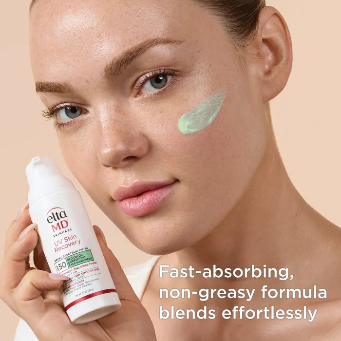 EltaMD UV Skin Recovery SPF 50 red color correcting green-tint sunscreen shown with model application
