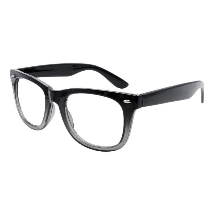 Black plastic eyeglasses with thick rounded rectangle frames and dark temple arms