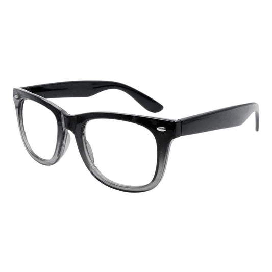 Black plastic eyeglasses with thick rounded rectangle frames and dark temple arms
