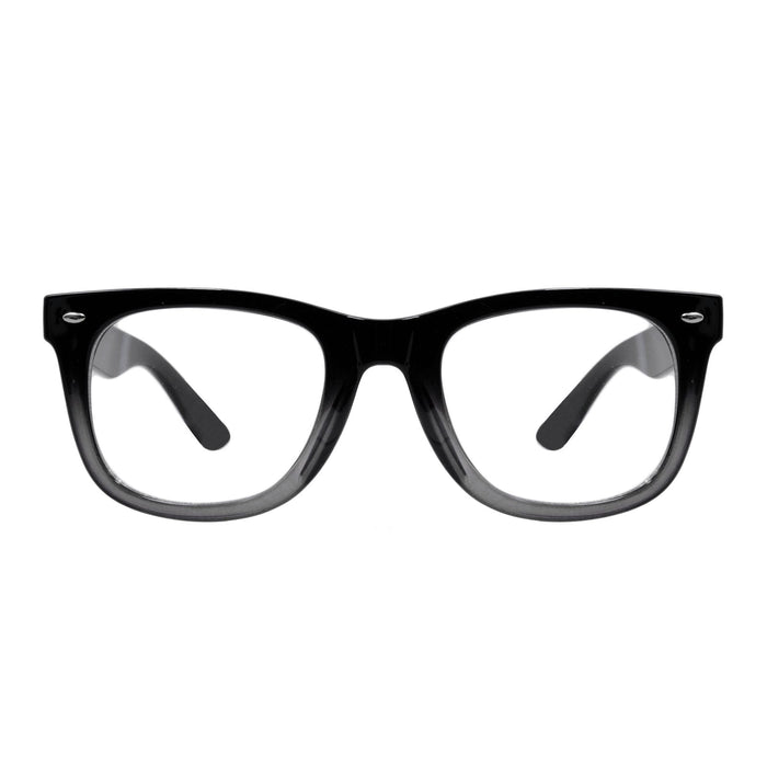 Black plastic eyeglasses with rounded rectangle frames and dark nose bridge details