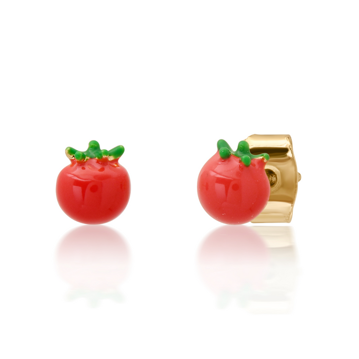 Red tomato enamel stud earrings with green leaves and gold post backing