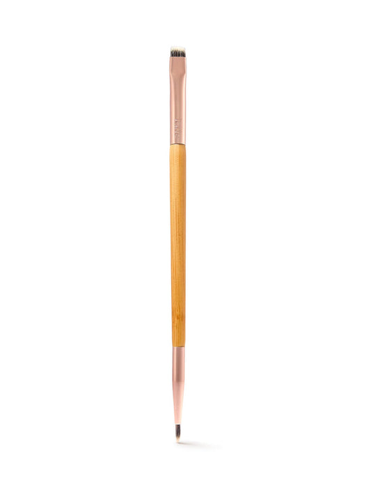 Makeup brush with wooden handle and metal ferrule on a white background