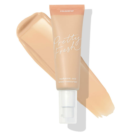 ColourPop Pretty Fresh Tinted Moisturizer in Fair 4 N shown in a pump tube over a beige swatch, highlighting the neutral fair shade and hyaluronic acid formula, peach-nude packaging with Pretty Fresh script on a white background.