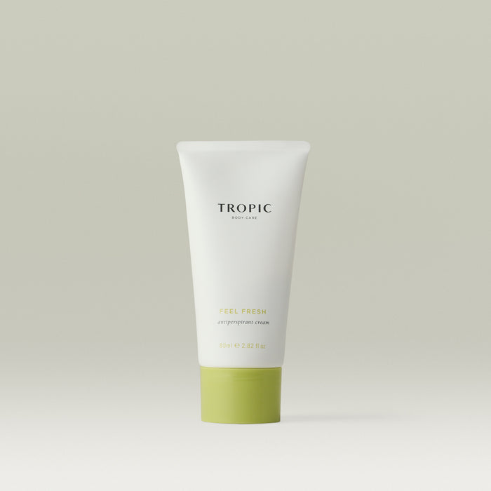 Tropic Body Care Feel Fresh Antiperspirant Cream tube, 80ml, in white with a sage green cap, on a light grey background.