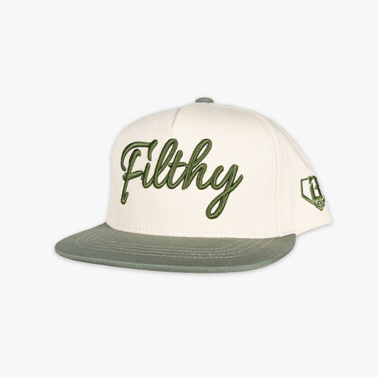 White and olive green snapback hat with Filthy embroidered on the front and BL101 logo on the side