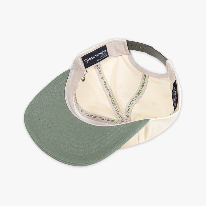 White and olive green snapback hat with Filthy embroidered on the front and BL101 logo on the side