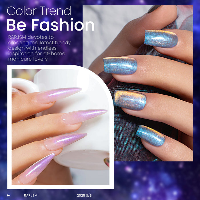 Cosmic Glow holographic glitter gel polish on nails showing color shifting aurora shimmer galaxy effect festival party nail art