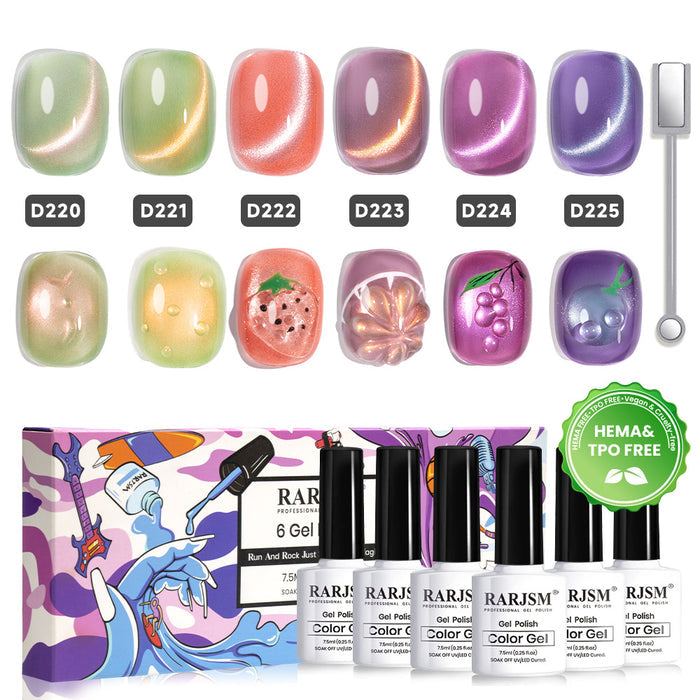 Fruits Series cat eye gel polish 6 colors set 7.5ml D220-D225 HEMA TPO free vegan magnetic shimmer jelly finish