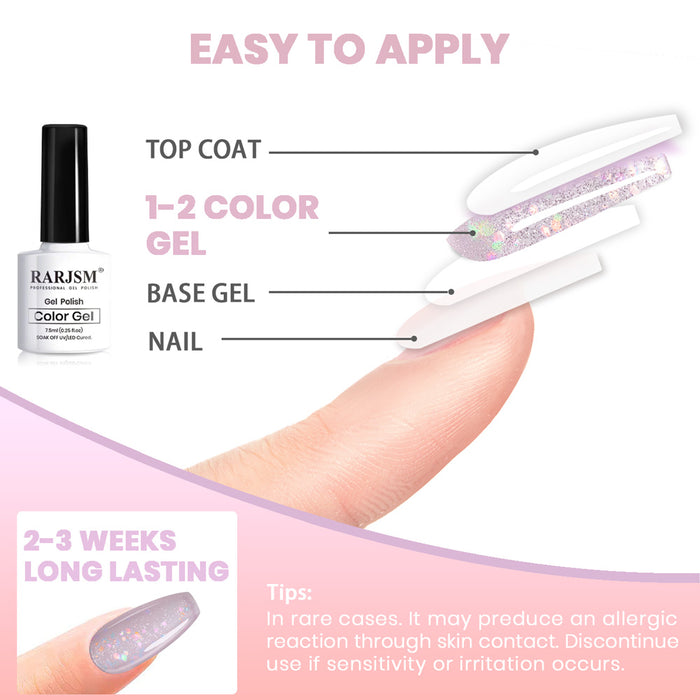 Easy application guide for jelly glitter gel polish showing 2-3 weeks long-lasting wear with base coat and top coat
