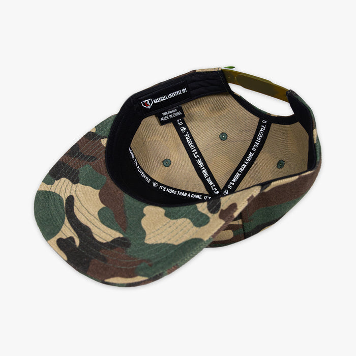 Camouflage snapback hat with white embroidered BL101 shield logo design on the front