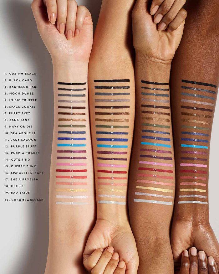 Flypencil Longwear Pencil Eyeliner shown in all 20 shades on a variety of skin tones arms