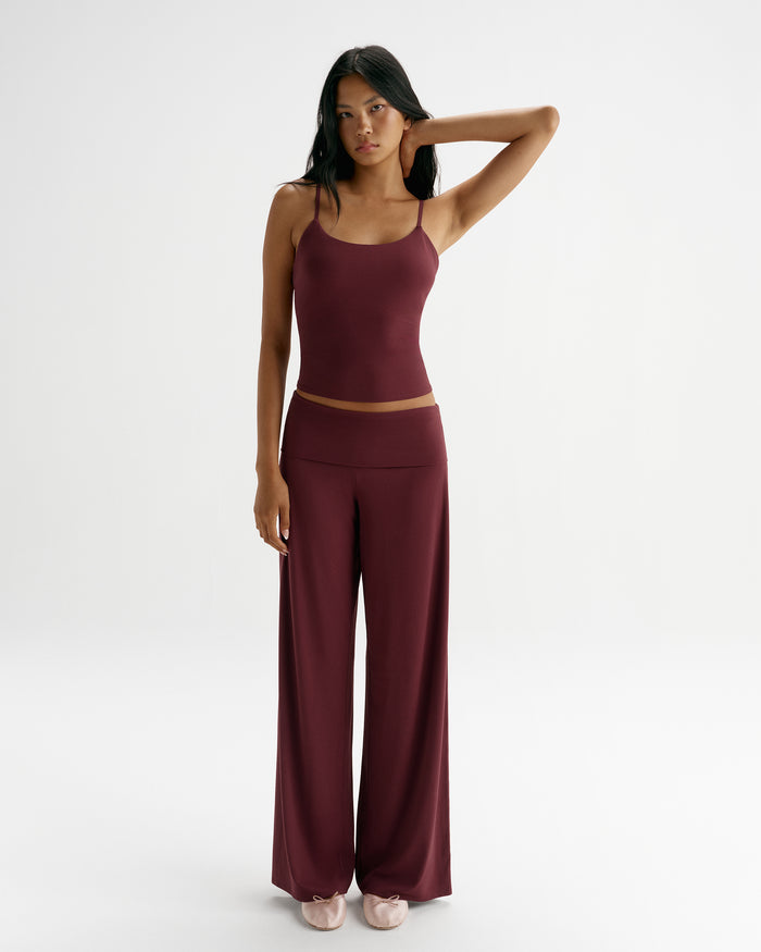 Fold Over Wide Leg Yoga Pants - Damson Red