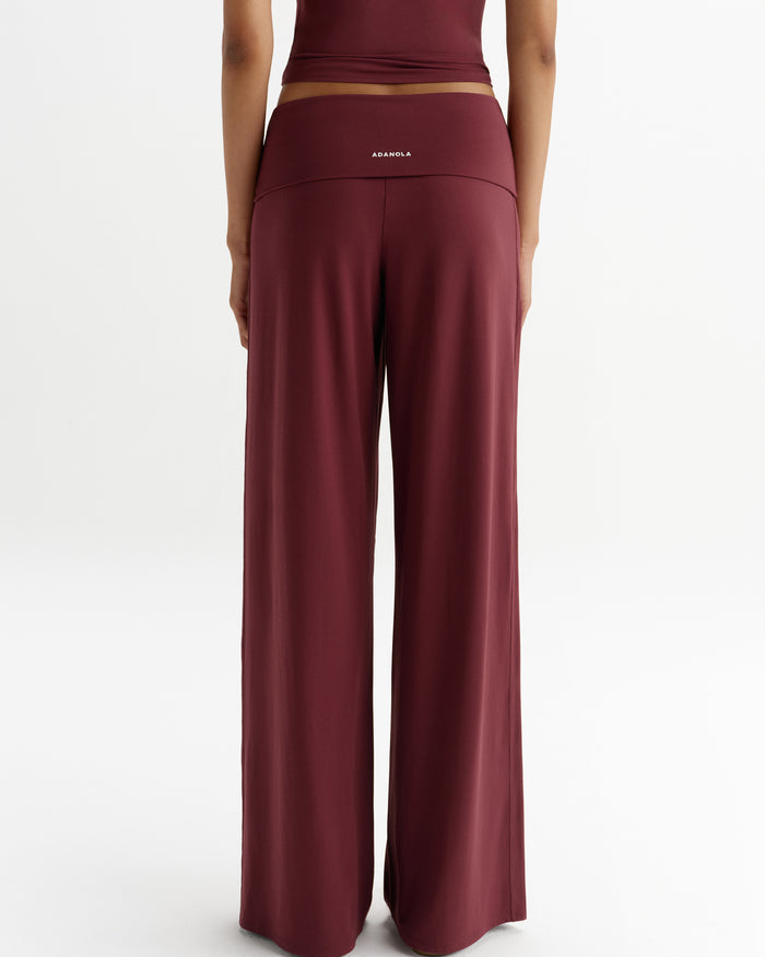 Fold Over Wide Leg Yoga Pants - Damson Red