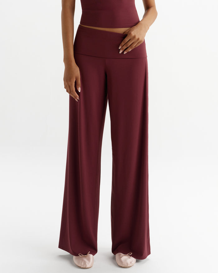 Fold Over Wide Leg Yoga Pants - Damson Red