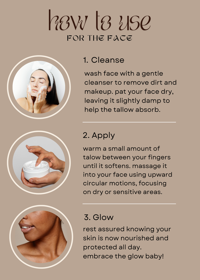 How to use For the Face in three steps. 1. Cleanse: wash with a gentle cleanser and pat dry, leaving skin slightly damp. 2. Apply: warm a small amount between your fingers and massage in using upward circular motions. 3. Glow: skin is left nourished and protected all day.