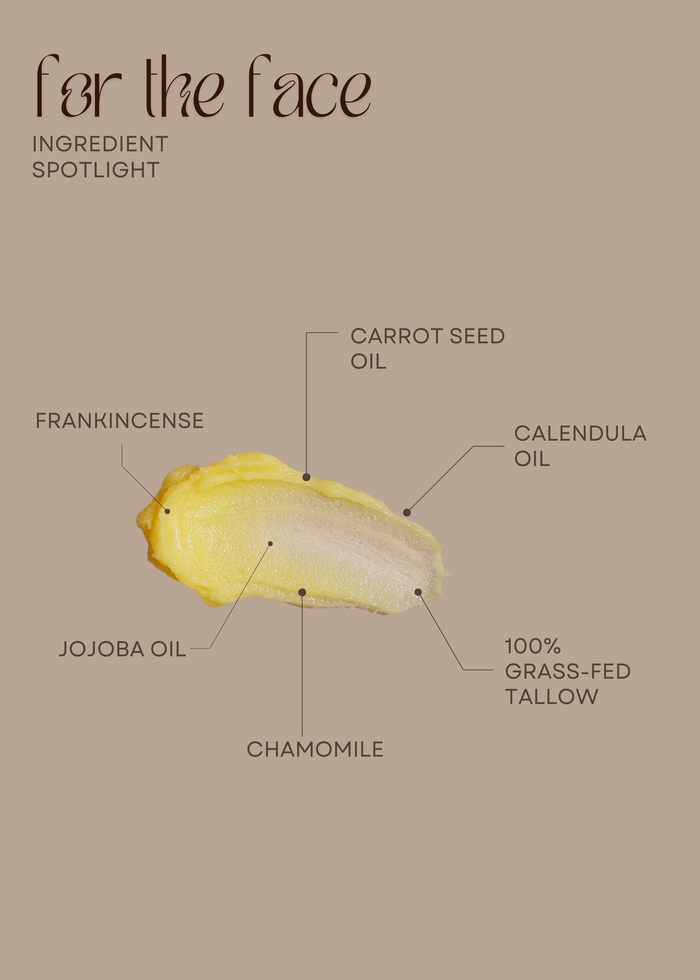 Ingredient spotlight for For the Face: frankincense, carrot seed oil, calendula oil, jojoba oil, chamomile and 100% grass-fed tallow.
