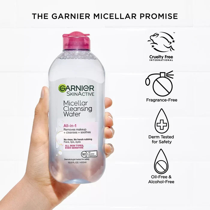 GARNIER Skin Active Micellar Cleansing Water All In 1 Cleanses + Removes Makeup + Soothes غارنييه ماء ميسلار لتنظيف البشرة وازالة المكياج وتهدئتها