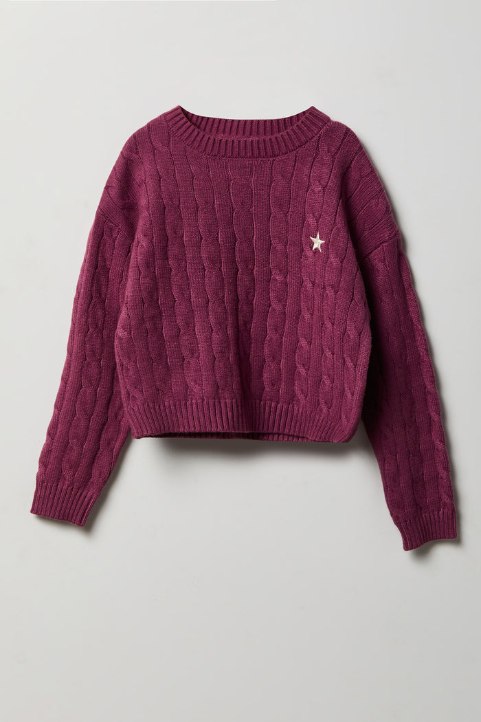 Girls Embroidered Cable Knit Sweater