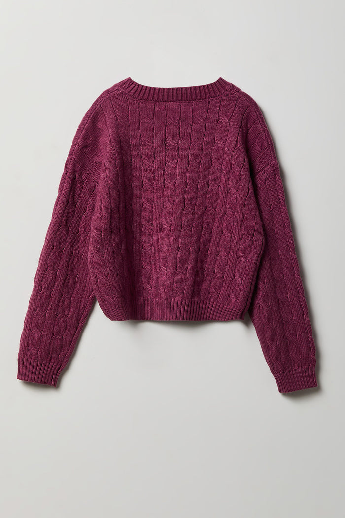 Girls Embroidered Cable Knit Sweater