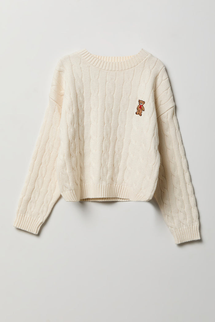 Girls Embroidered Cable Knit Sweater