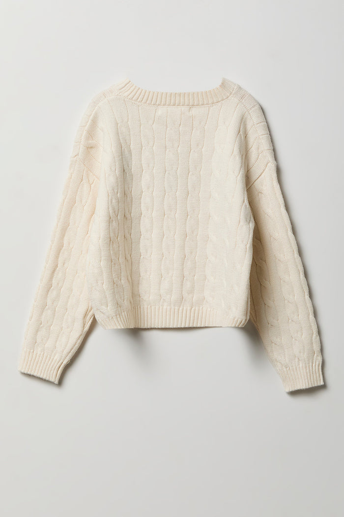 Girls Embroidered Cable Knit Sweater