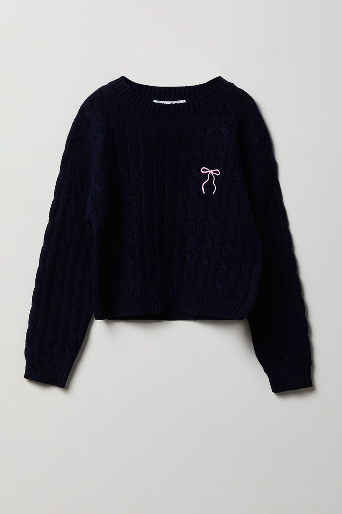 Girls Embroidered Cable Knit Sweater