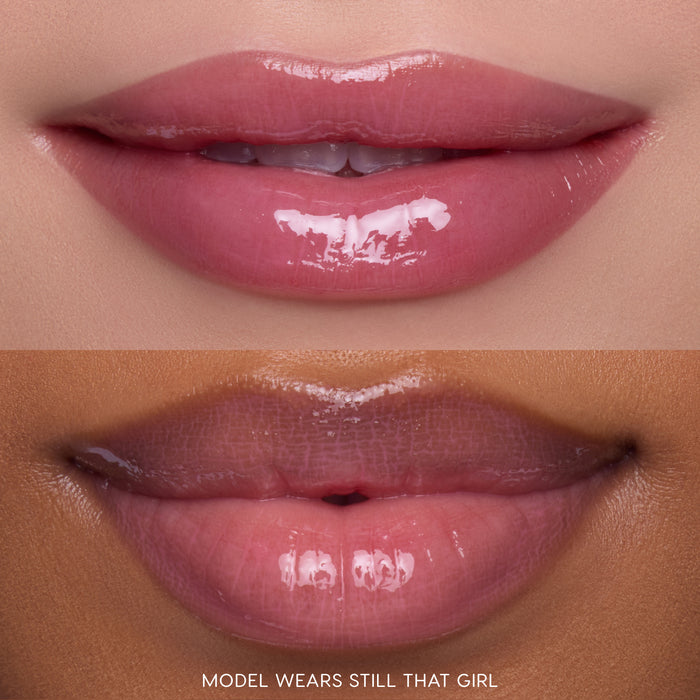 Close-up split-screen of two models’ lips wearing Gloss Me Up ultra glossy lip set in shade Still That Girl, showing high-shine, sheer pink Heart to Get gloss finish on different skin tones against a clean studio background.