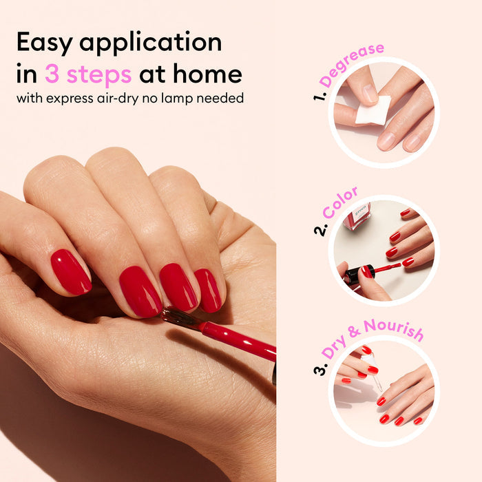 A hand applies Manucurist Gloss in iridescent pink. Text highlights easy 3-step at-home use: 1. Degrease, 2. Apply color, 3. Dry  nourish—no lamp needed and dries quickly. Images show each step for flawless nails.