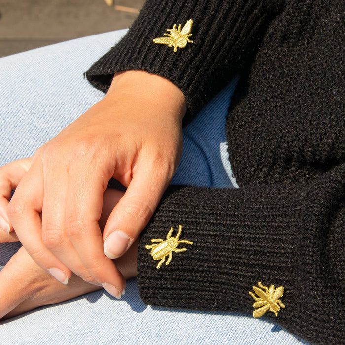 Three golden embroidered bug pins from Botanopia USA, featuring intricate details and vibrant embroidery, perfect for plant lover decor.