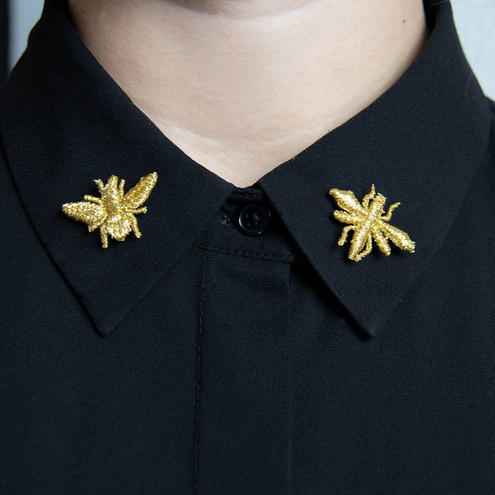 Golden embroidered bug pins by Botanopia USA featuring three small insect brooches for plant lovers and decorative accessories.