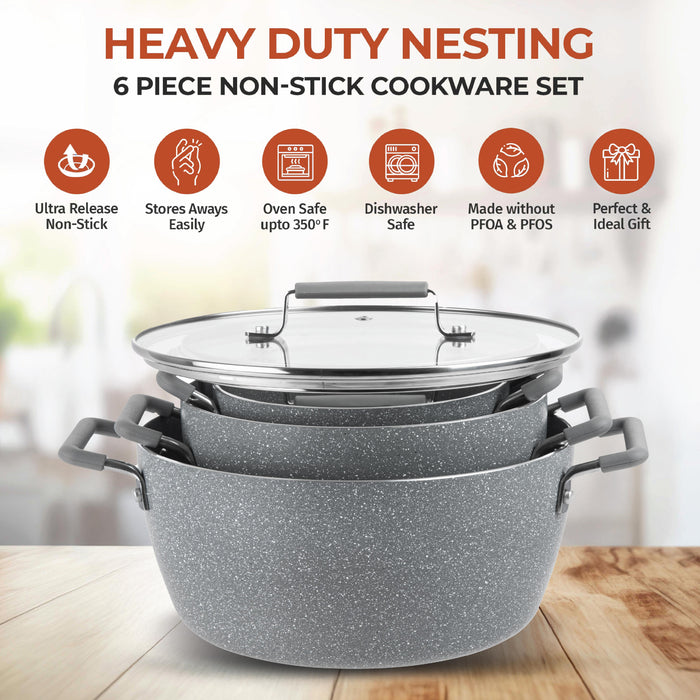 Granitestone Ceraluxe 6 Piece Grey Speckle Nesting Stock Pots Set