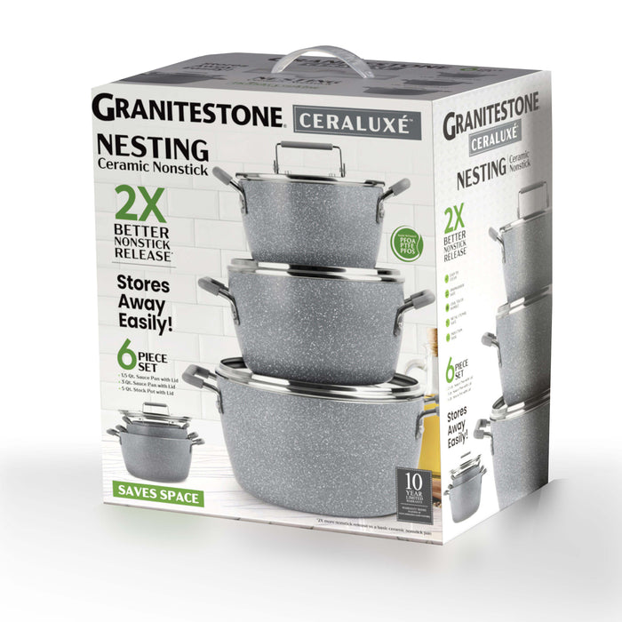 Granitestone Ceraluxe 6 Piece Grey Speckle Nesting Stock Pots Set