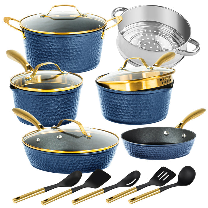 Granitestone Charleston Collection - Hammered Cookware - Pots, Pans, Available in Navy and Black