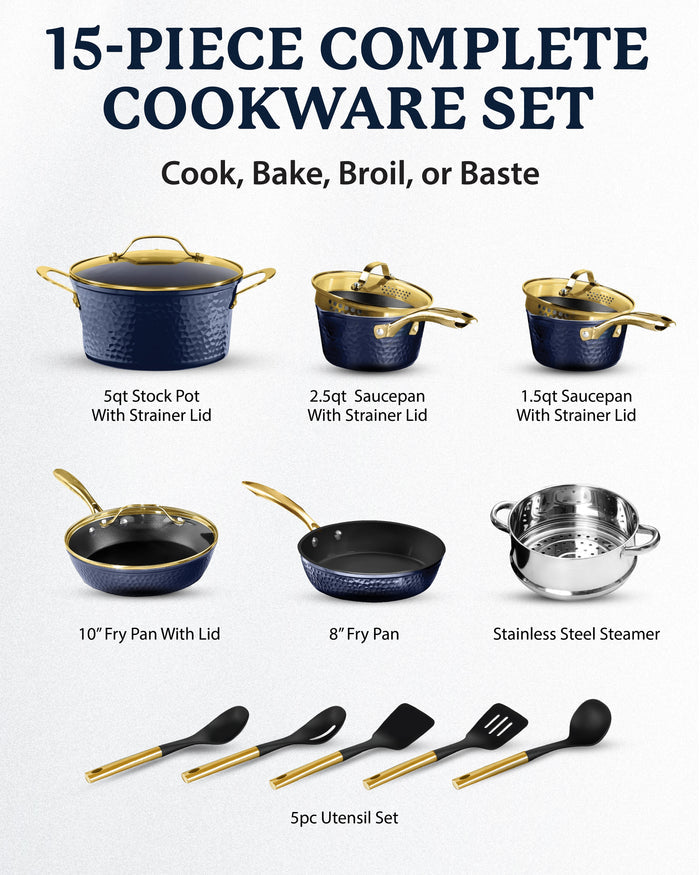 Granitestone Charleston Collection - Hammered Cookware - Pots, Pans, Available in Navy and Black
