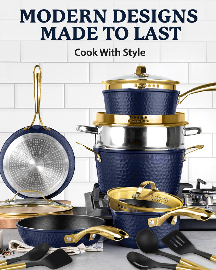 Granitestone Charleston Collection - Hammered Cookware - Pots, Pans, Available in Navy and Black