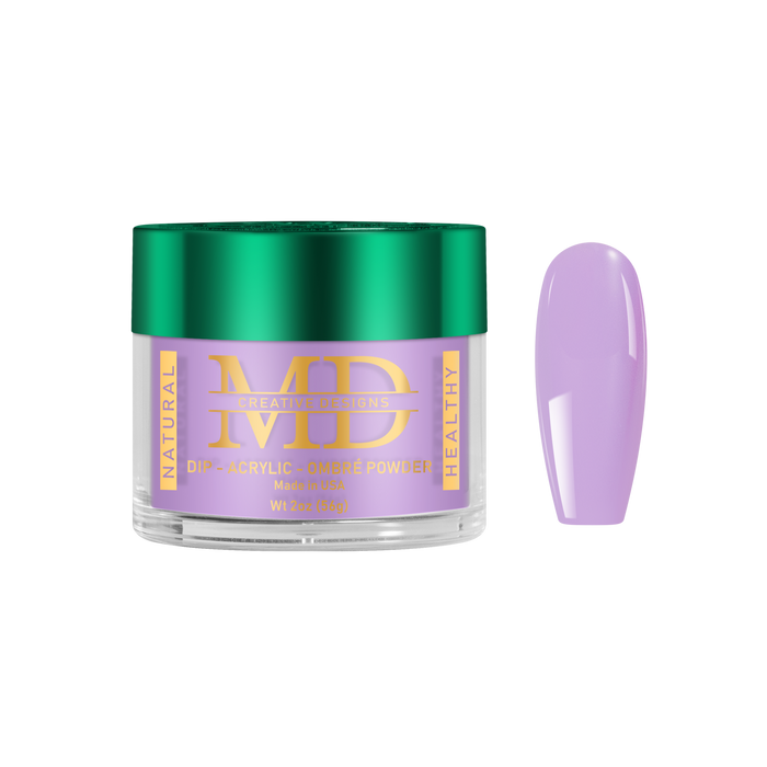 Jar of MD acrylic powder with a purple nail tip color swatch on a white background